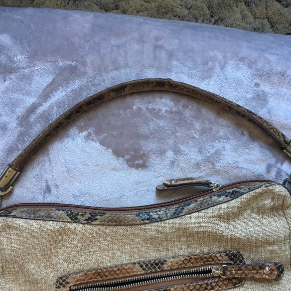 London Fog tan beige tweed-like linen shoulder bag - perfect for spring! - Picture 11 of 14